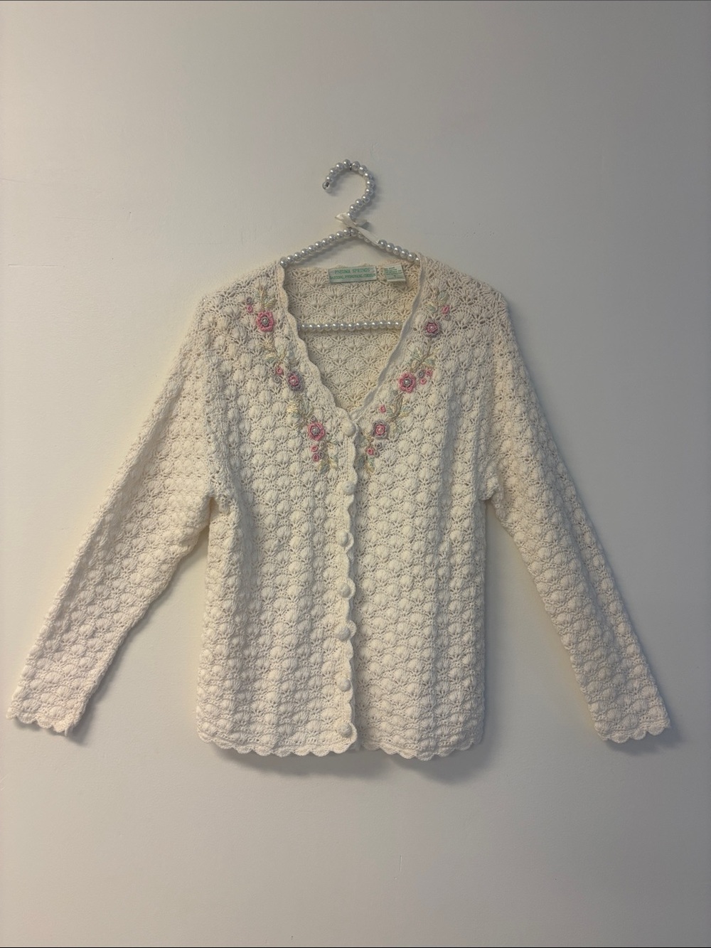 Cream Knit Cardigan Pink Floral Accent Womens sz small cottage core embroidered